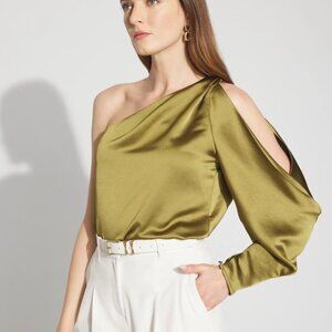 White House Black Market One Shoulder Satin Top in Olive Size 14